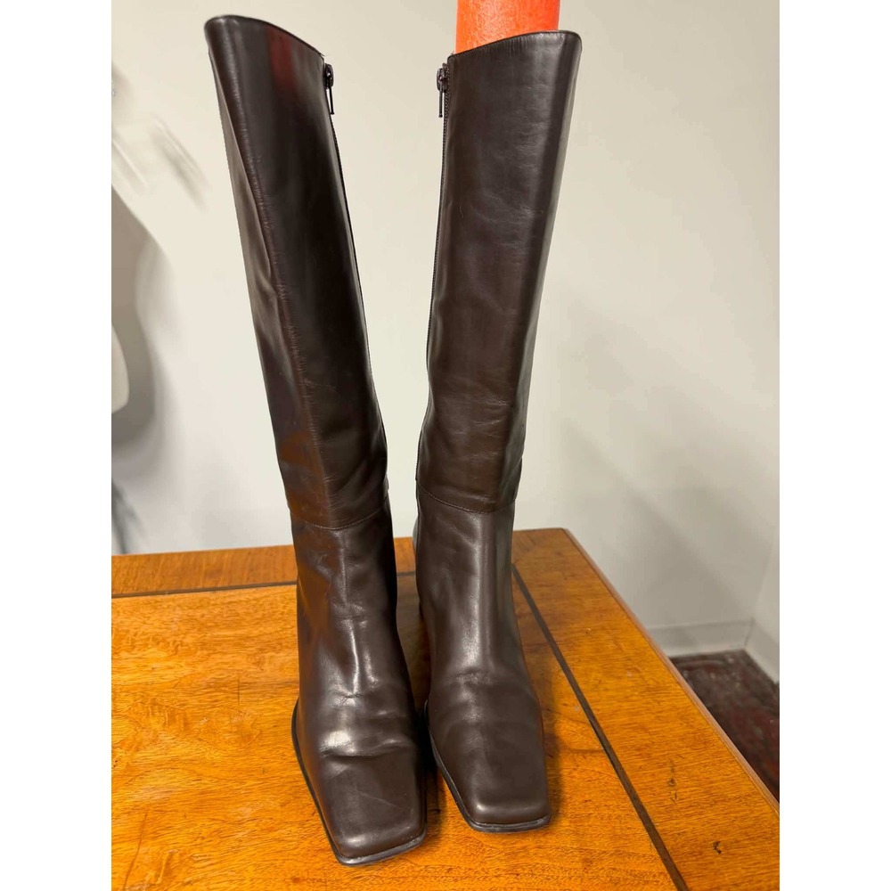 Vtg 90s Michelle D Womens 8W Brown Leather Knee High Square Toe Block Heel Boots